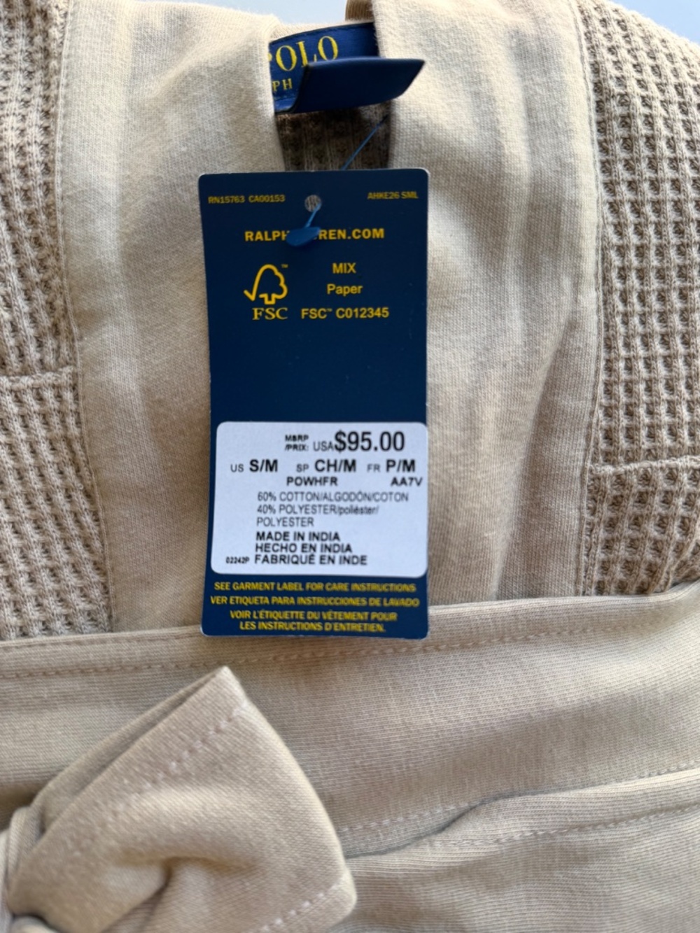 Polo Ralph Lauren Mens Thermal Hooded Robe Beige Size S/M - Picture 6 of 7
